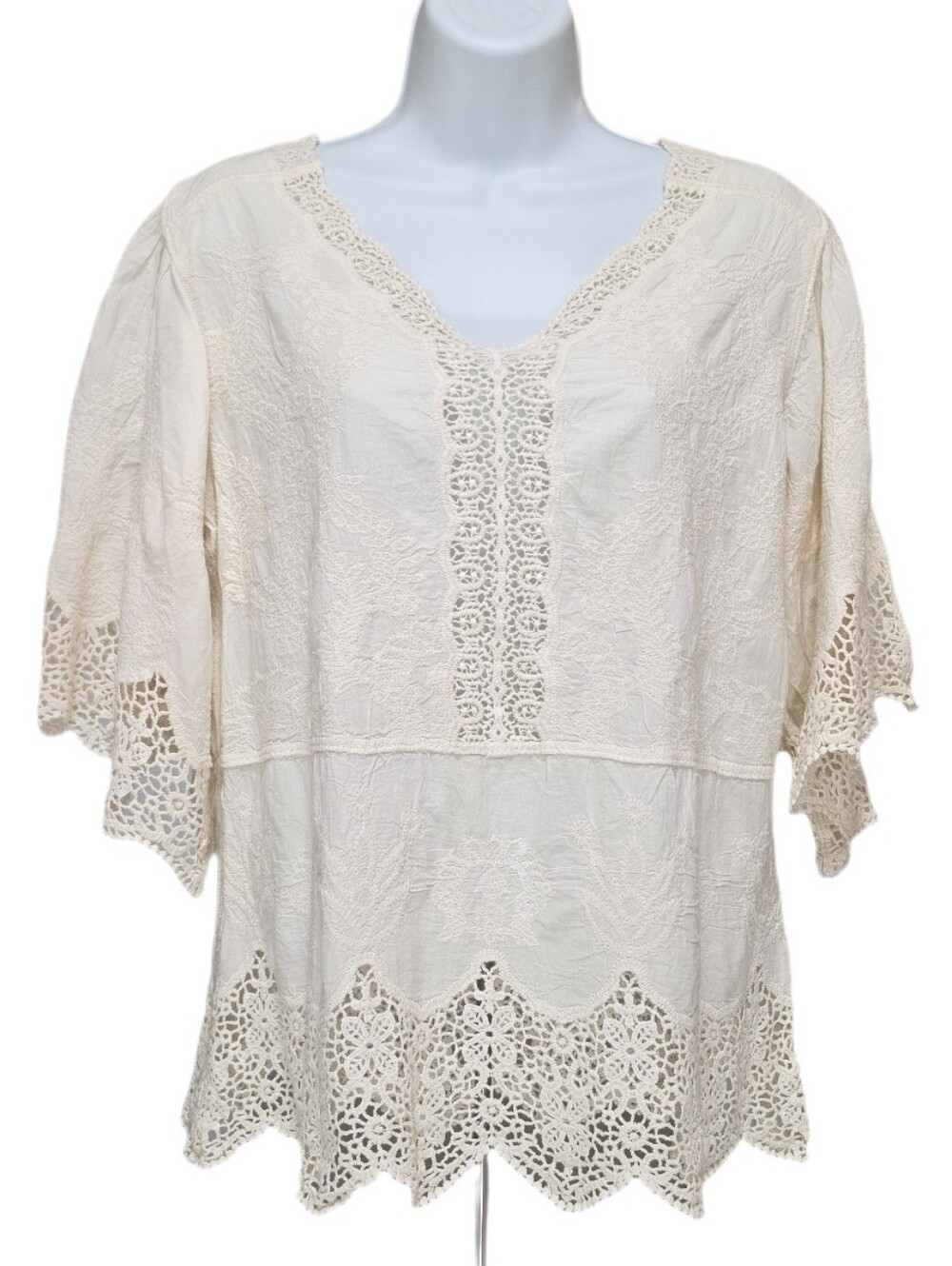 Democracy Embroidered Crochet Trim Cotton Peplum Top Short Sleeve Boho Ivory M